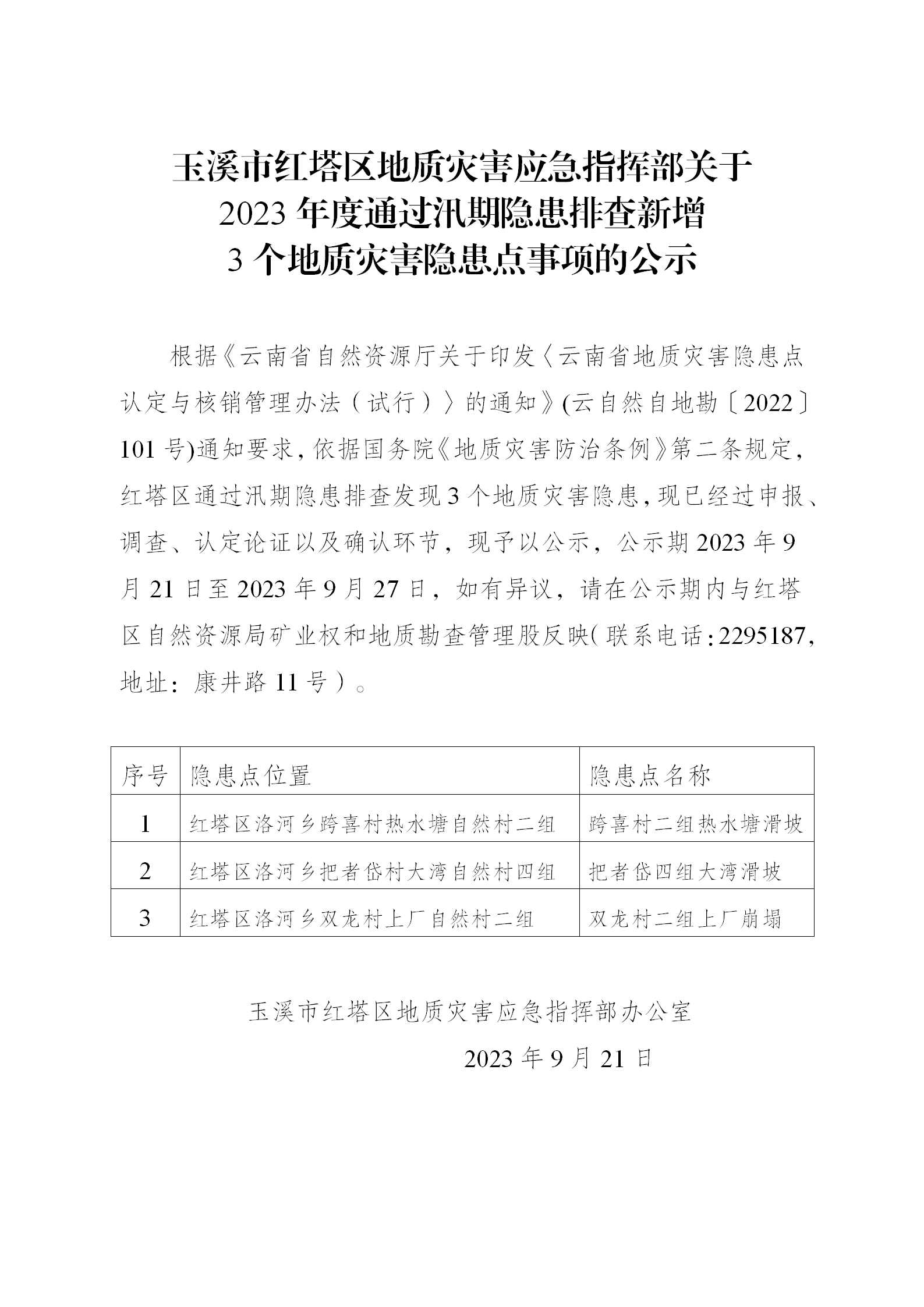 玉溪市红塔区地质灾害应急指挥部关于2023年度通过汛期隐患排查新增3个地质灾害隐患点事项的公示_01.png