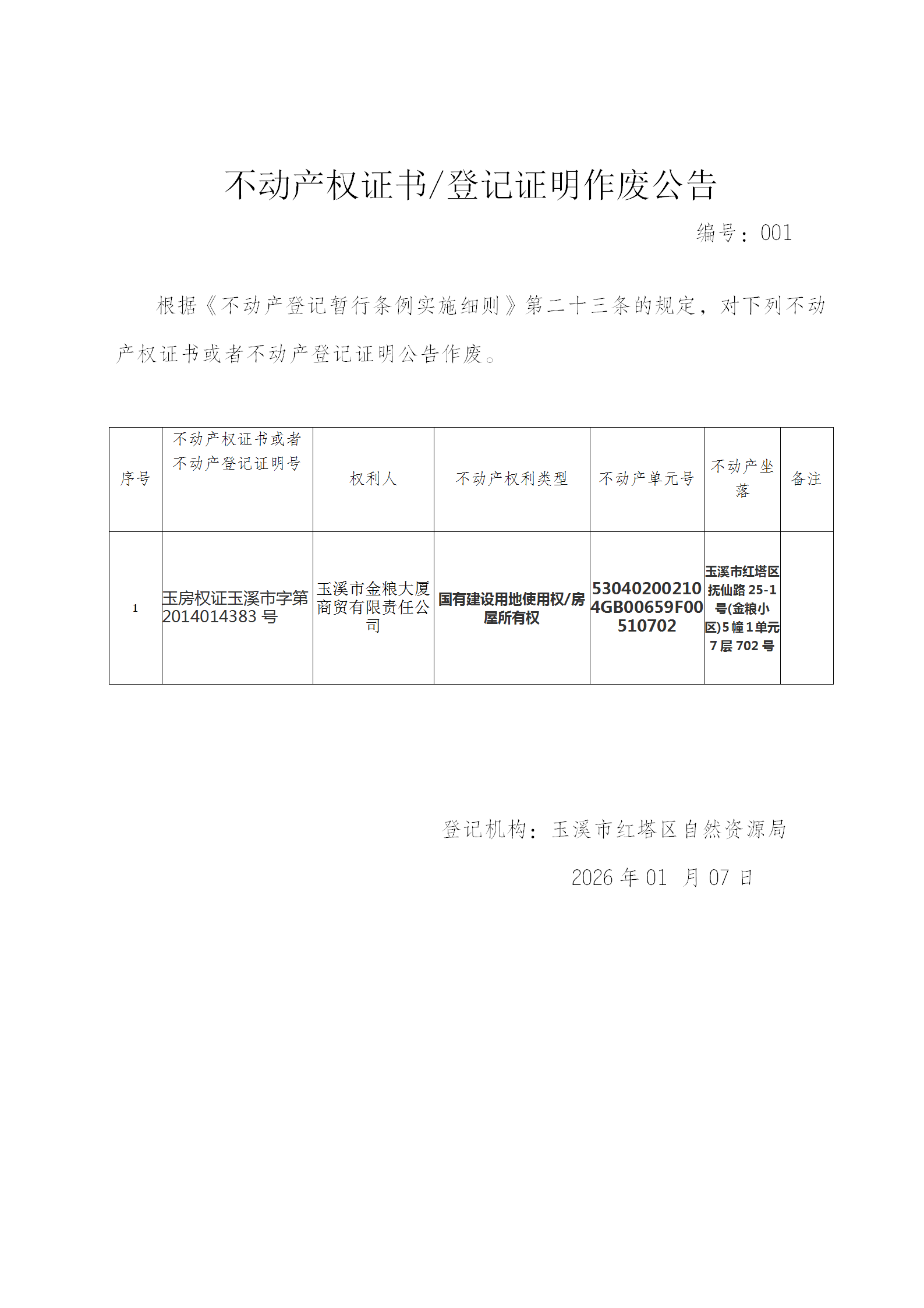 不动产权证书作废公告2026001（玉溪市金粮大厦商贸有限责任公司）_01.png