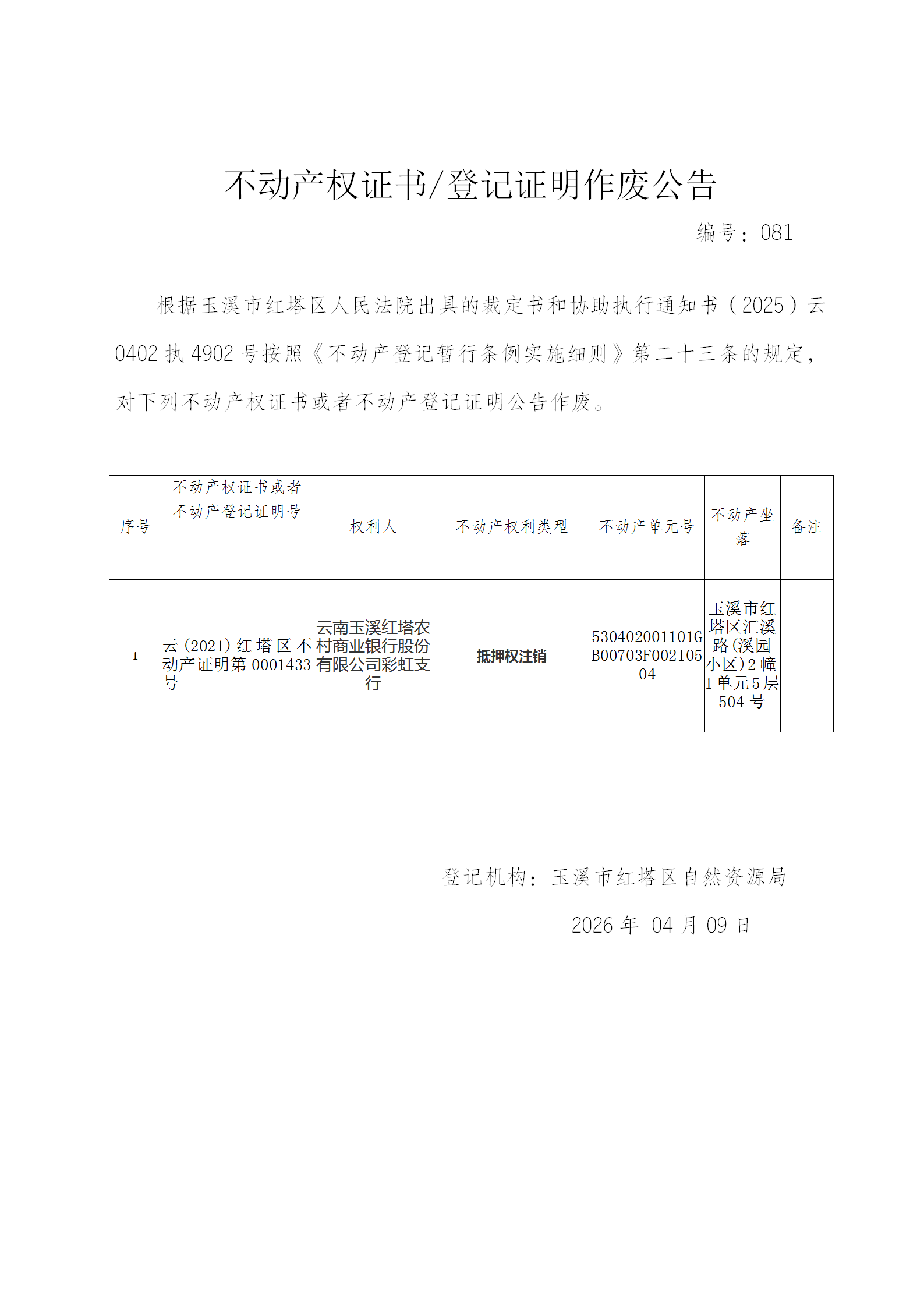 不动产权证书作废公告2026081（云南玉溪红塔农村商业银行股份有限公司彩虹支行）_01.png